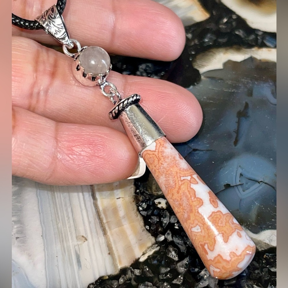 “The Laughter Stone” Laguna Crazy Lace Agate & Rose Quartz Pendant 2 1/2”